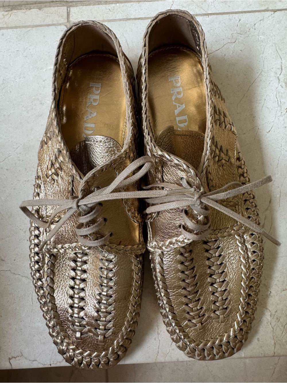 PRADA Gold Metallic Woven Leather Lace-Up Loafers